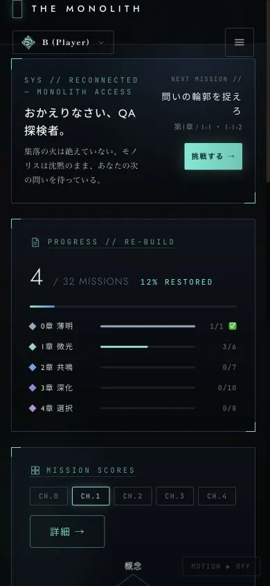 THE MONOLITH のダッシュボード画面(スマートフォン)。進捗とグレードを確認できる