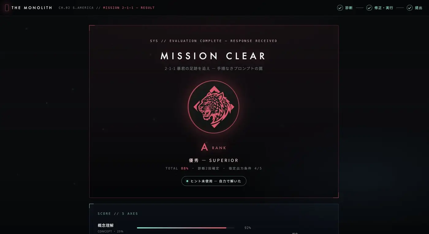 THE MONOLITH の採点画面。モノリスの審判がグレードとフィードバックを返す